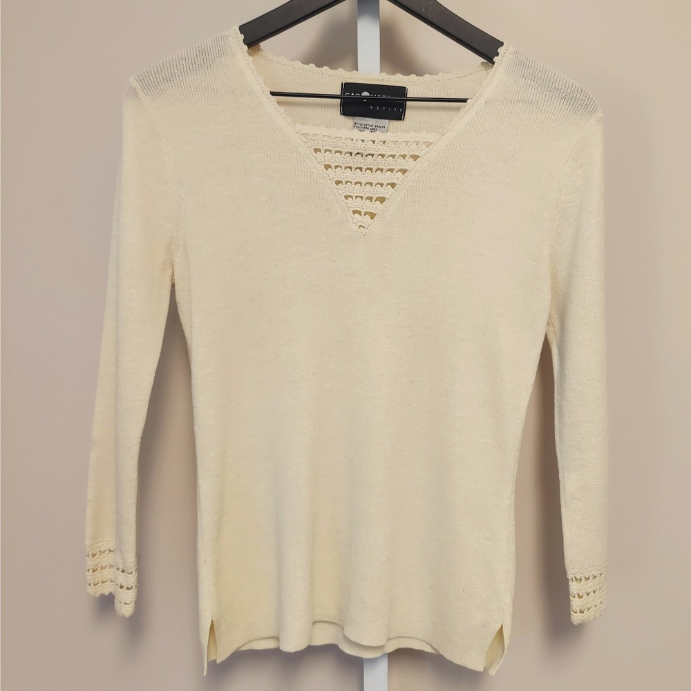 Sag Harbor Petite Cream Crochet V-Neck Ramie Blend Knit Sweater Top PXS Coquette - Picture 8 of 9